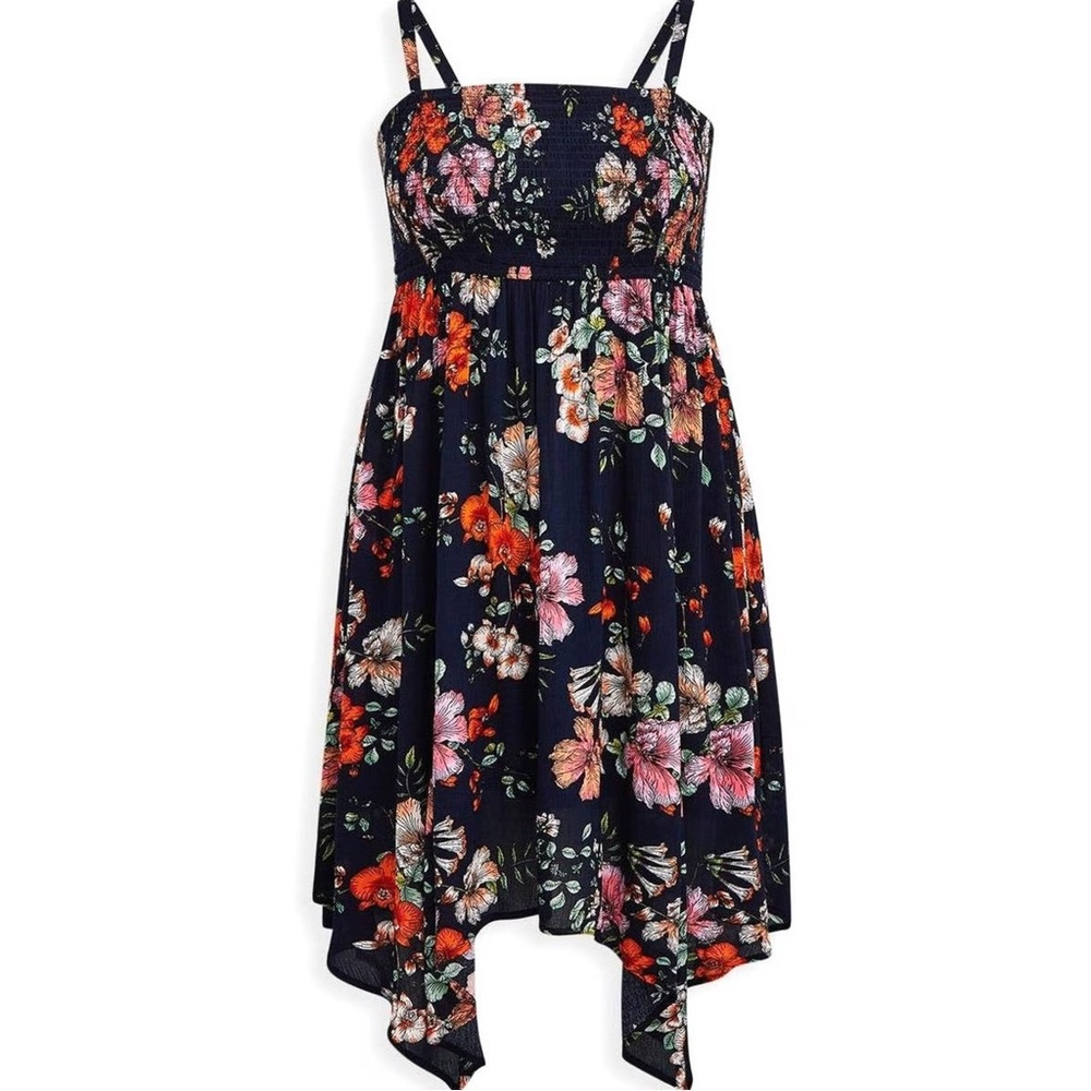 EUC! Torrid Navy Blue Floral Gauze Convertible Strapless Smocked Dress size 3